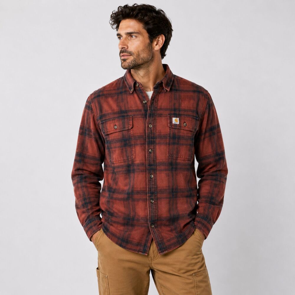 Carhartt Rust Plaid Heavyweight Flannel Shirt Large Tall - Picture 4 of 10